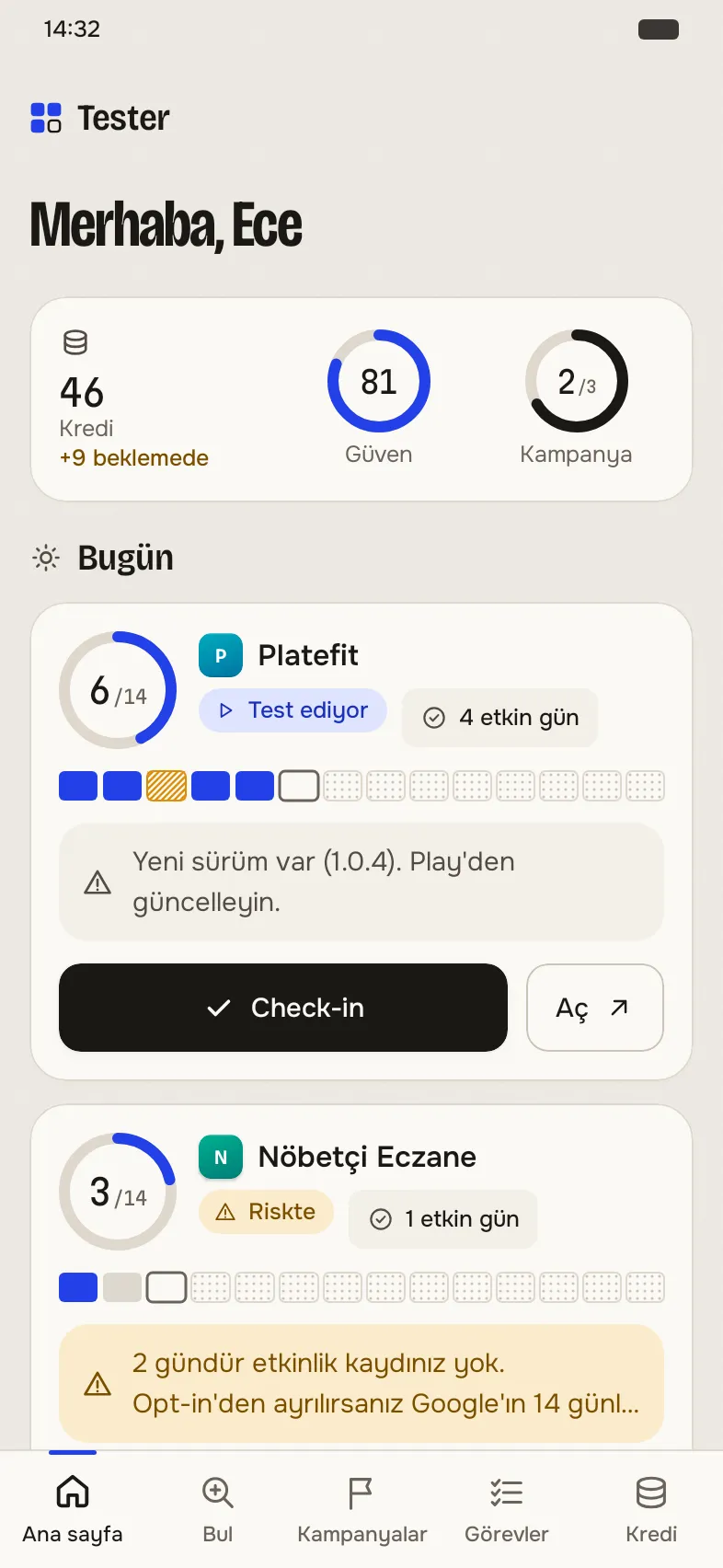 Android uygulamasının ana sayfası: bugünkü testler