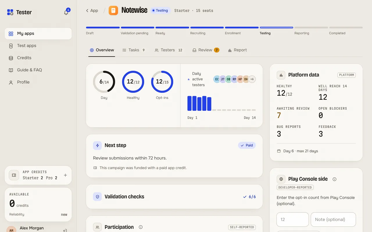 A campaign on day 6 in the panel: day rings, daily activity bars and testers