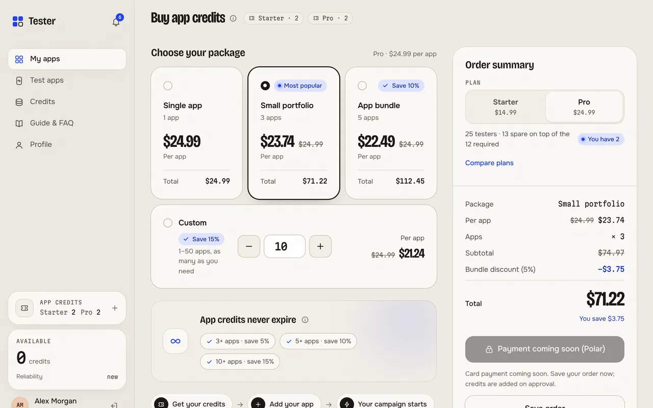 Checkout screen: packages and order summary